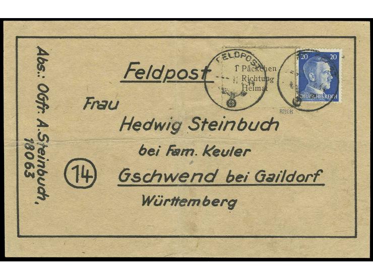 Krim-Zulassungsmarke in Type 2 mit Hitler 20 Pfg. mit 2 unterschiedlichen Normstempeln "Feldpost" (die 20 Pfg. wahrscheinlich
