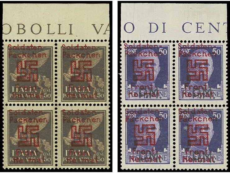 1944, SALONIKI: Ausgabe mit milchigweißem Untergrund 50 C. hellviolett und 50 C. dunkelbraun, je im 4er-Block vom oberen Boge
