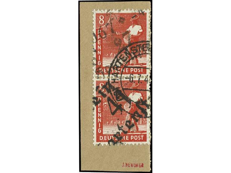 "27/Hartenstein" (Numerator) und "41/Hartenstein" auf senkrechtem Paar Arbeiter 8 Pfennig mit Stempel "HARTENSTEIN 6.7.4(8)" 