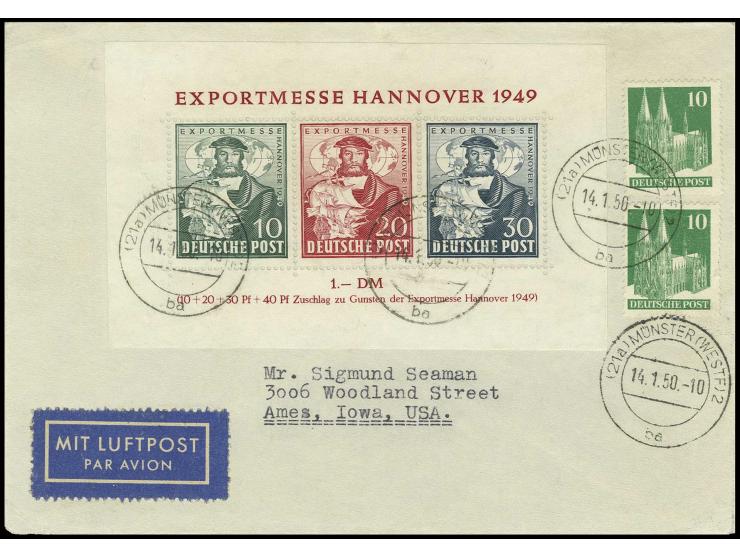 1949, Blockausgabe zur Exportmesse Hannover, dabei 30 Pfennig in Farbe dunkelgrünlichblau mit Zufrankatur auf portogerechtem 