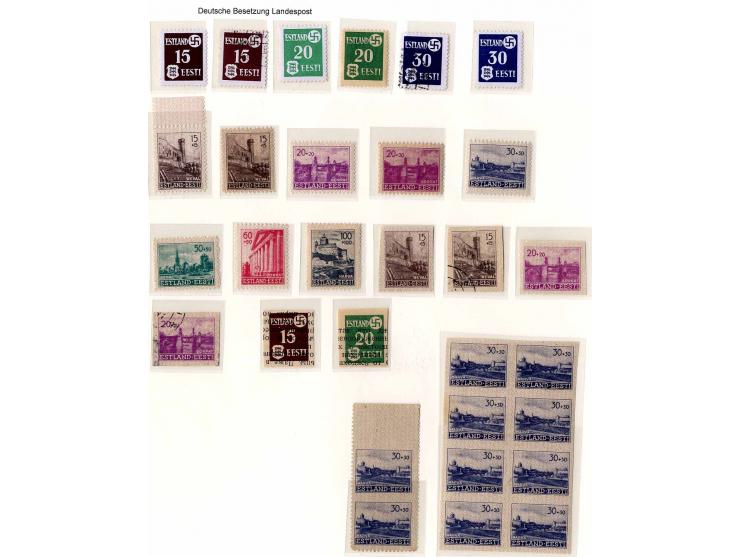 1941, postfrische, ungebrauchte und gestempelte Zusammenstellung mit u.a. Mi.-Nr. 1PU, 2PU, Moisaküla Nr. 3 (Attest Krischke)