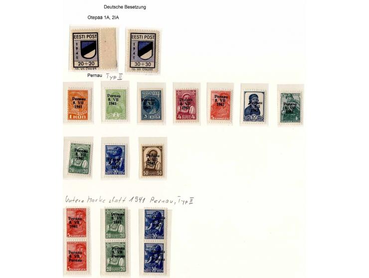 1941, postfrische, ungebrauchte und gestempelte Zusammenstellung mit u.a. Mi.-Nr. 1PU, 2PU, Moisaküla Nr. 3 (Attest Krischke)