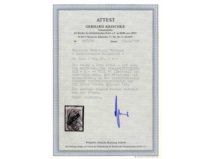 1941, postfrische, ungebrauchte und gestempelte Zusammenstellung mit u.a. Mi.-Nr. 1PU, 2PU, Moisaküla Nr. 3 (Attest Krischke)