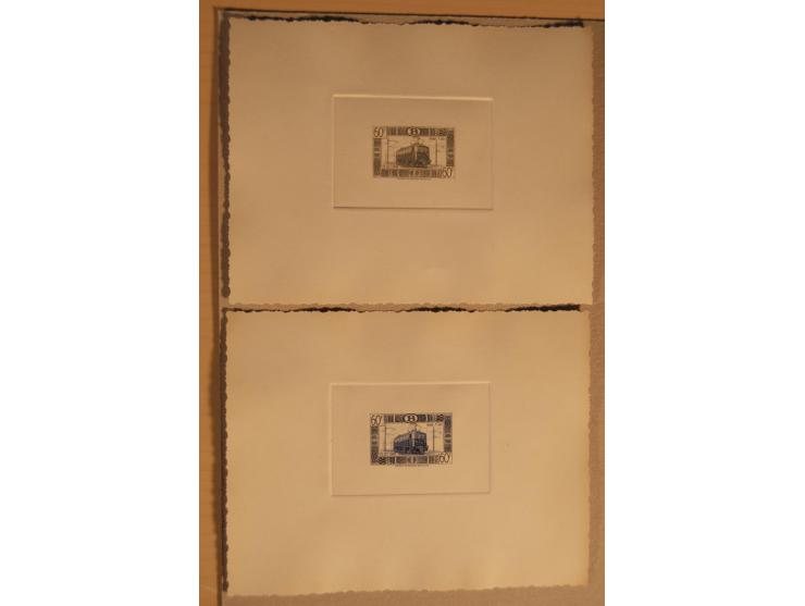 1932/50, Belgien und Gebiete, 84 Probedrucke im Blockformat, meist auf Kartonpapier mit Büttenrand, dabei Eisenbahn