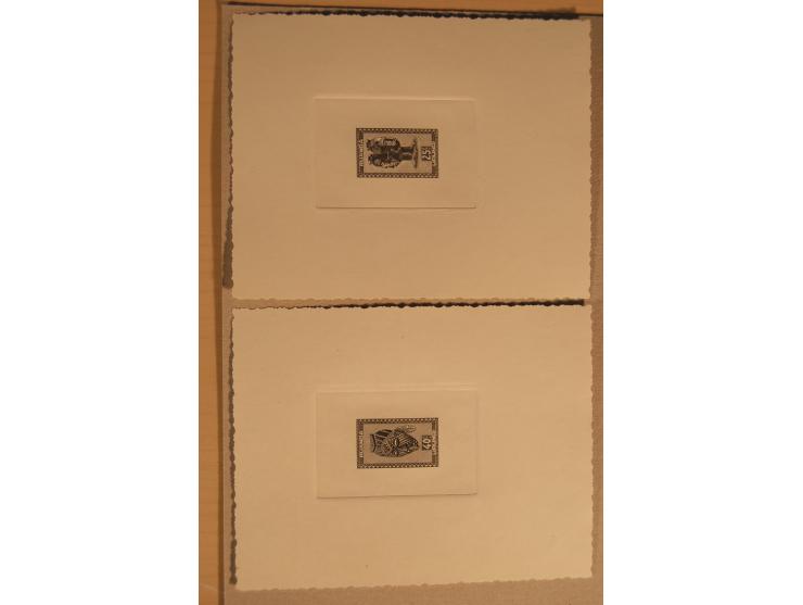 1932/50, Belgien und Gebiete, 84 Probedrucke im Blockformat, meist auf Kartonpapier mit Büttenrand, dabei Eisenbahn