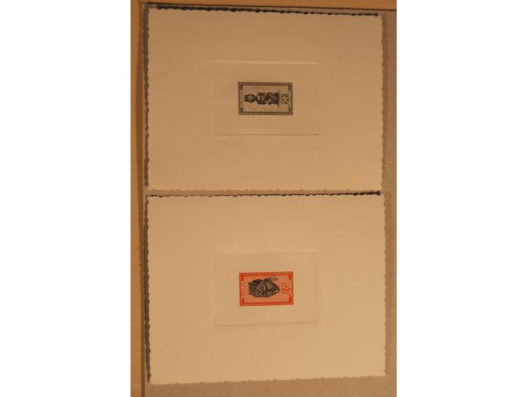 1932/50, Belgien und Gebiete, 84 Probedrucke im Blockformat, meist auf Kartonpapier mit Büttenrand, dabei Eisenbahn