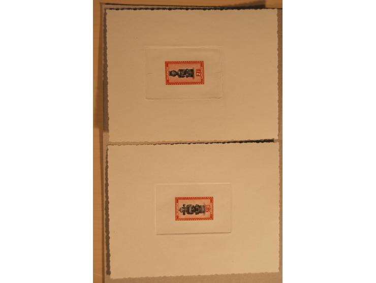 1932/50, Belgien und Gebiete, 84 Probedrucke im Blockformat, meist auf Kartonpapier mit Büttenrand, dabei Eisenbahn