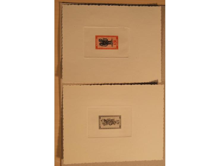 1932/50, Belgien und Gebiete, 84 Probedrucke im Blockformat, meist auf Kartonpapier mit Büttenrand, dabei Eisenbahn