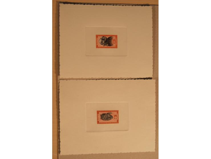 1932/50, Belgien und Gebiete, 84 Probedrucke im Blockformat, meist auf Kartonpapier mit Büttenrand, dabei Eisenbahn