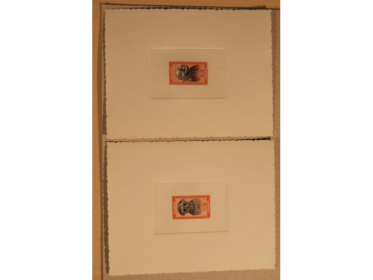 1932/50, Belgien und Gebiete, 84 Probedrucke im Blockformat, meist auf Kartonpapier mit Büttenrand, dabei Eisenbahn