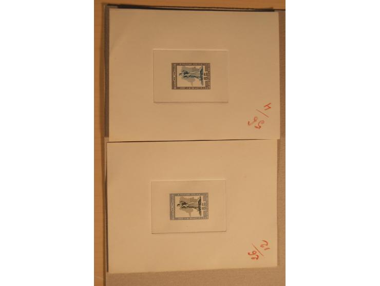 1932/50, Belgien und Gebiete, 84 Probedrucke im Blockformat, meist auf Kartonpapier mit Büttenrand, dabei Eisenbahn