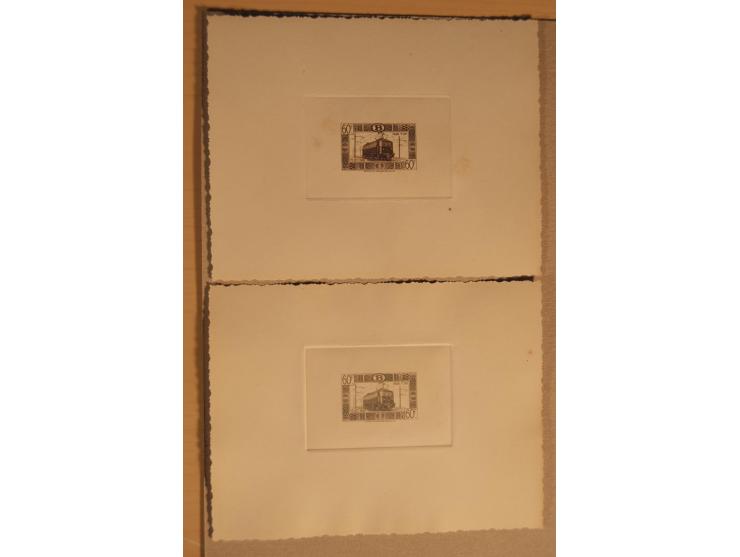 1932/50, Belgien und Gebiete, 84 Probedrucke im Blockformat, meist auf Kartonpapier mit Büttenrand, dabei Eisenbahn