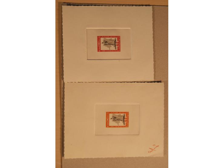 1932/50, Belgien und Gebiete, 84 Probedrucke im Blockformat, meist auf Kartonpapier mit Büttenrand, dabei Eisenbahn
