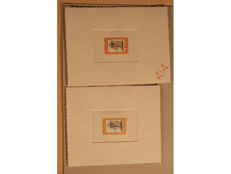 1932/50, Belgien und Gebiete, 84 Probedrucke im Blockformat, meist auf Kartonpapier mit Büttenrand, dabei Eisenbahn