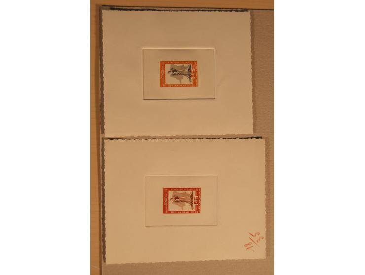 1932/50, Belgien und Gebiete, 84 Probedrucke im Blockformat, meist auf Kartonpapier mit Büttenrand, dabei Eisenbahn