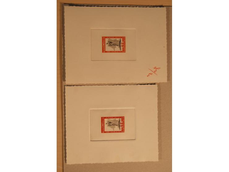 1932/50, Belgien und Gebiete, 84 Probedrucke im Blockformat, meist auf Kartonpapier mit Büttenrand, dabei Eisenbahn