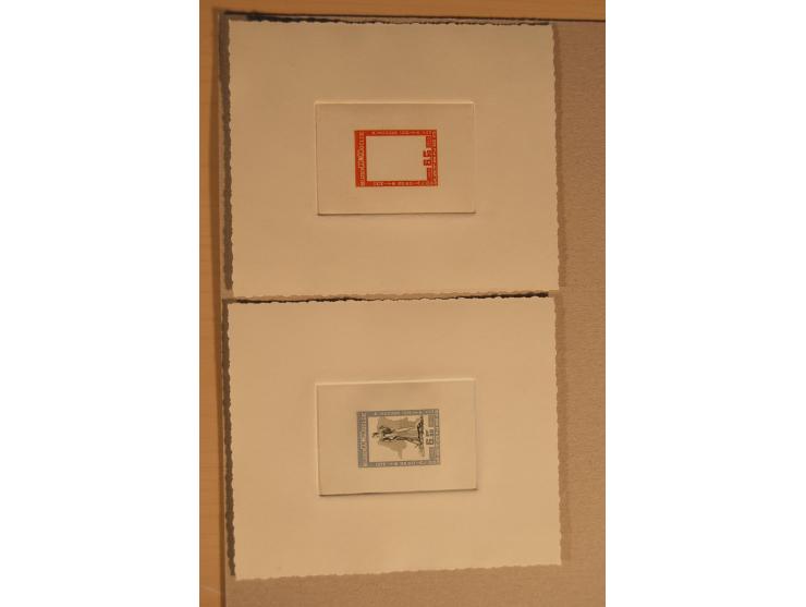 1932/50, Belgien und Gebiete, 84 Probedrucke im Blockformat, meist auf Kartonpapier mit Büttenrand, dabei Eisenbahn