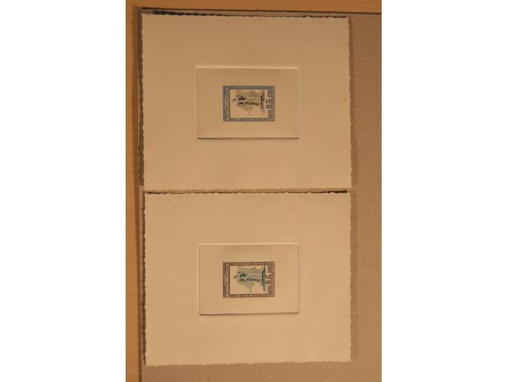 1932/50, Belgien und Gebiete, 84 Probedrucke im Blockformat, meist auf Kartonpapier mit Büttenrand, dabei Eisenbahn