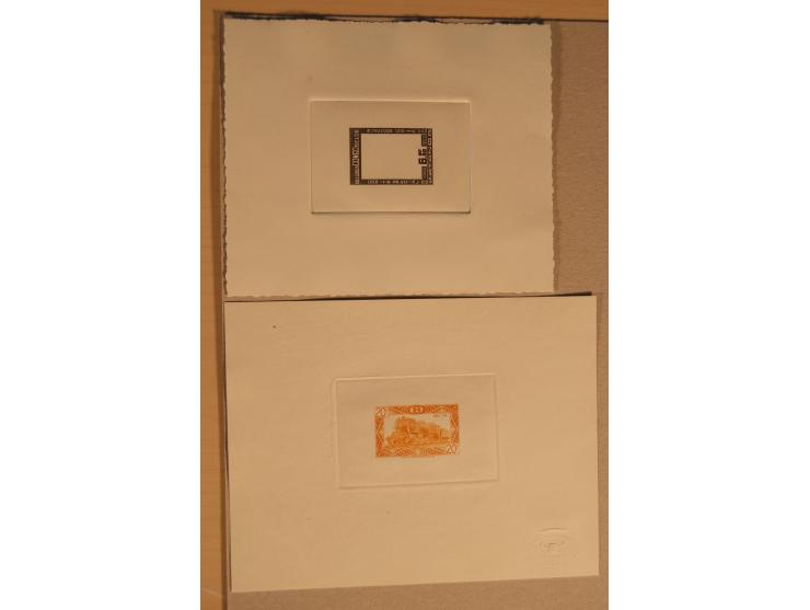 1932/50, Belgien und Gebiete, 84 Probedrucke im Blockformat, meist auf Kartonpapier mit Büttenrand, dabei Eisenbahn