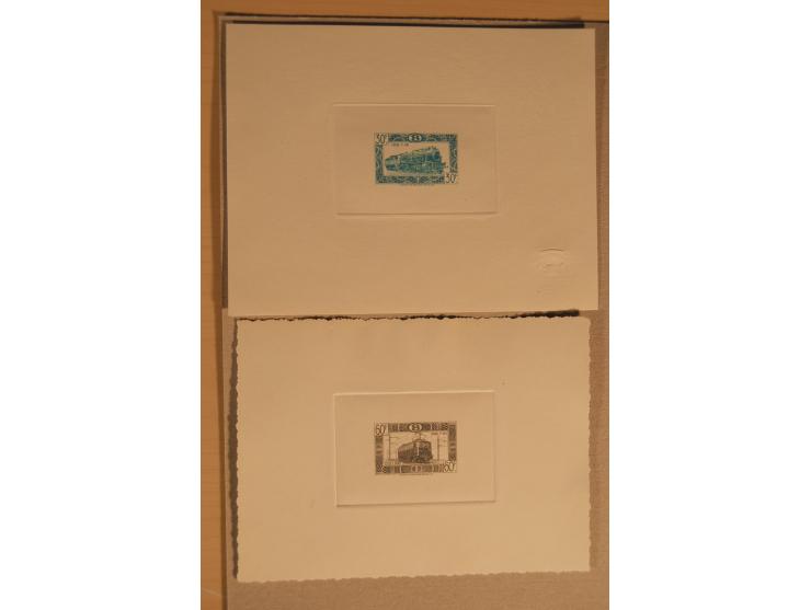 1932/50, Belgien und Gebiete, 84 Probedrucke im Blockformat, meist auf Kartonpapier mit Büttenrand, dabei Eisenbahn