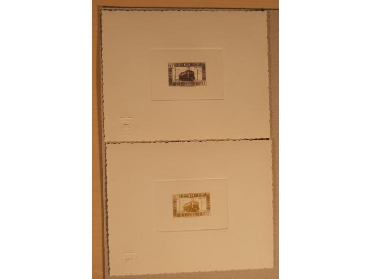 1932/50, Belgien und Gebiete, 84 Probedrucke im Blockformat, meist auf Kartonpapier mit Büttenrand, dabei Eisenbahn