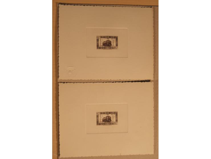 1932/50, Belgien und Gebiete, 84 Probedrucke im Blockformat, meist auf Kartonpapier mit Büttenrand, dabei Eisenbahn