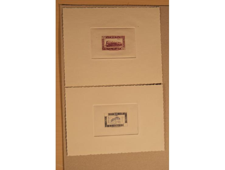 1932/50, Belgien und Gebiete, 84 Probedrucke im Blockformat, meist auf Kartonpapier mit Büttenrand, dabei Eisenbahn