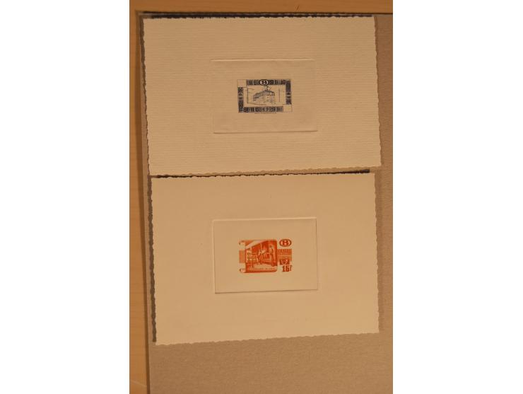1932/50, Belgien und Gebiete, 84 Probedrucke im Blockformat, meist auf Kartonpapier mit Büttenrand, dabei Eisenbahn