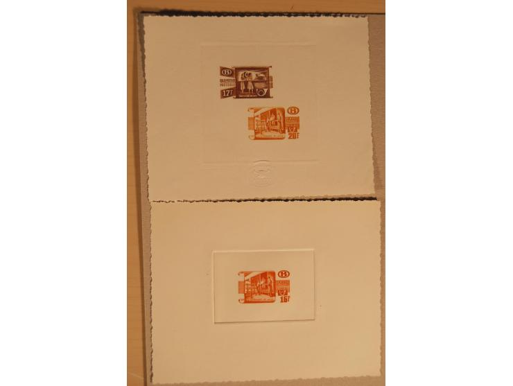 1932/50, Belgien und Gebiete, 84 Probedrucke im Blockformat, meist auf Kartonpapier mit Büttenrand, dabei Eisenbahn
