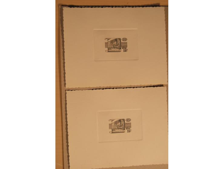 1932/50, Belgien und Gebiete, 84 Probedrucke im Blockformat, meist auf Kartonpapier mit Büttenrand, dabei Eisenbahn