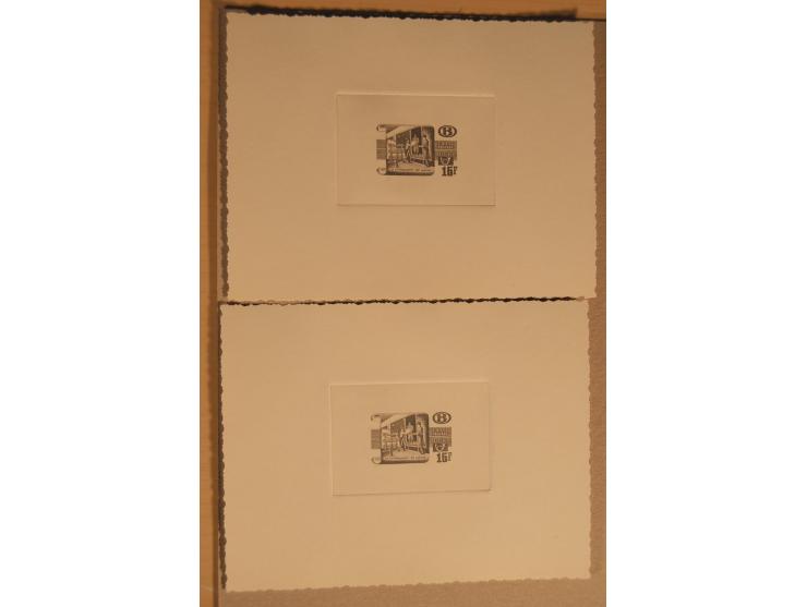 1932/50, Belgien und Gebiete, 84 Probedrucke im Blockformat, meist auf Kartonpapier mit Büttenrand, dabei Eisenbahn