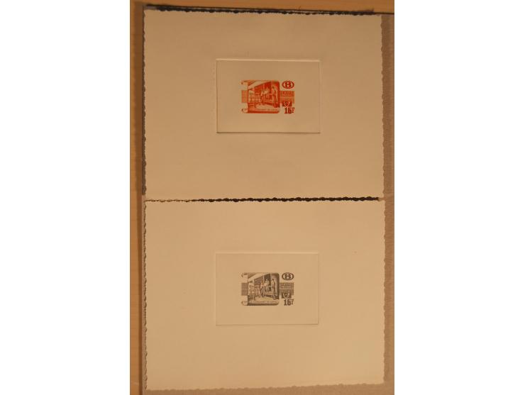 1932/50, Belgien und Gebiete, 84 Probedrucke im Blockformat, meist auf Kartonpapier mit Büttenrand, dabei Eisenbahn
