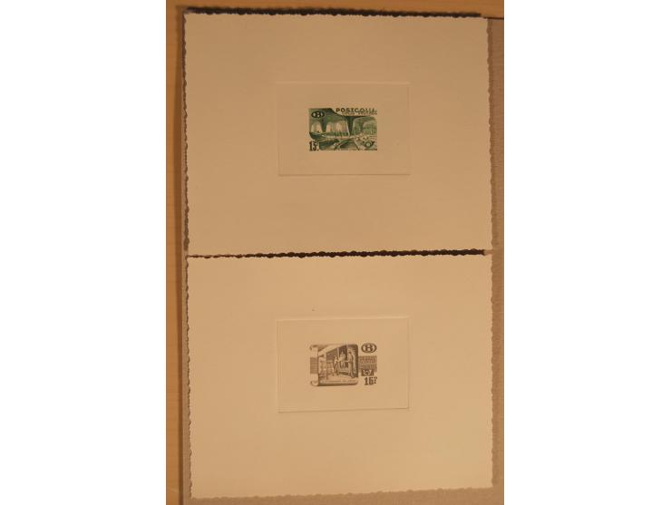 1932/50, Belgien und Gebiete, 84 Probedrucke im Blockformat, meist auf Kartonpapier mit Büttenrand, dabei Eisenbahn