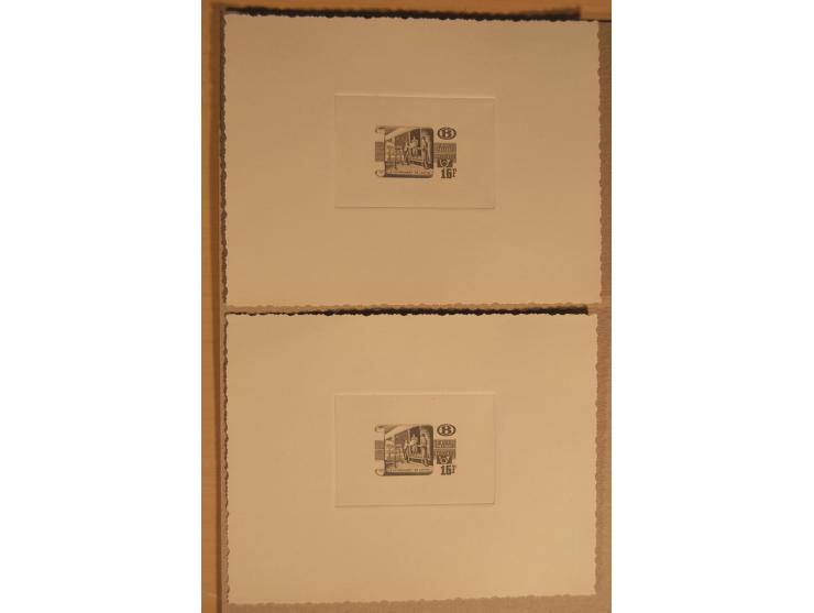 1932/50, Belgien und Gebiete, 84 Probedrucke im Blockformat, meist auf Kartonpapier mit Büttenrand, dabei Eisenbahn