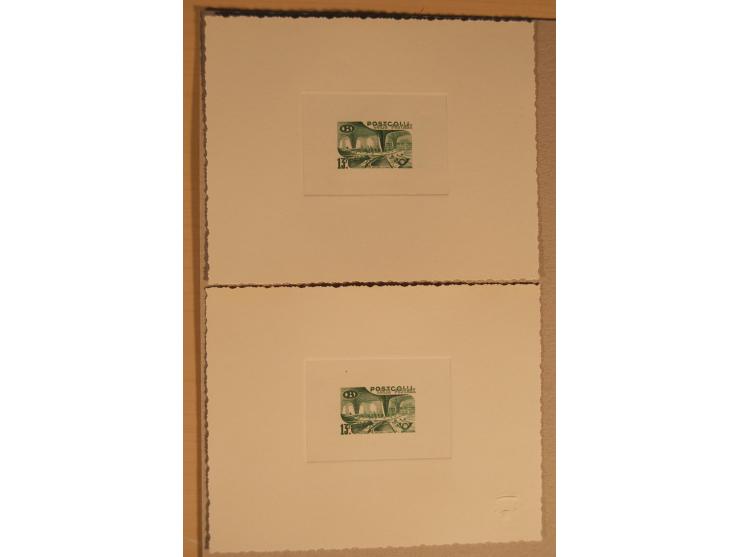 1932/50, Belgien und Gebiete, 84 Probedrucke im Blockformat, meist auf Kartonpapier mit Büttenrand, dabei Eisenbahn