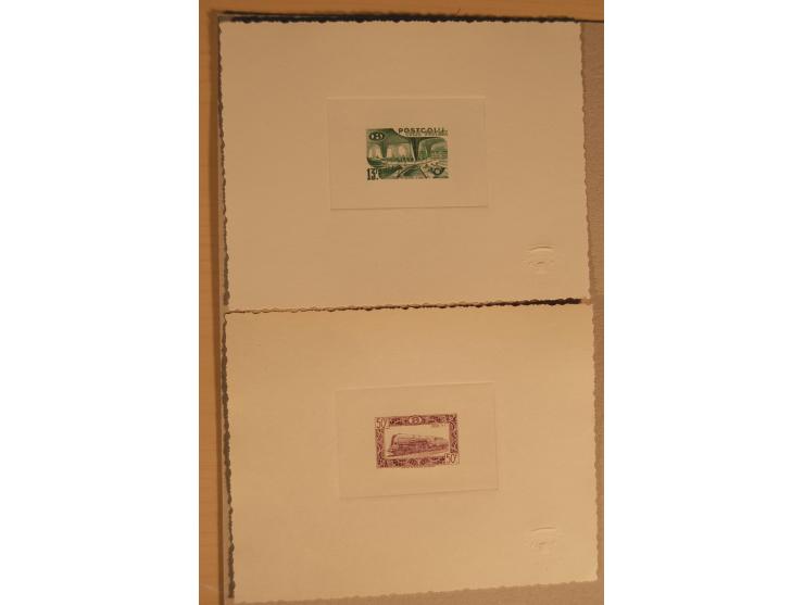 1932/50, Belgien und Gebiete, 84 Probedrucke im Blockformat, meist auf Kartonpapier mit Büttenrand, dabei Eisenbahn