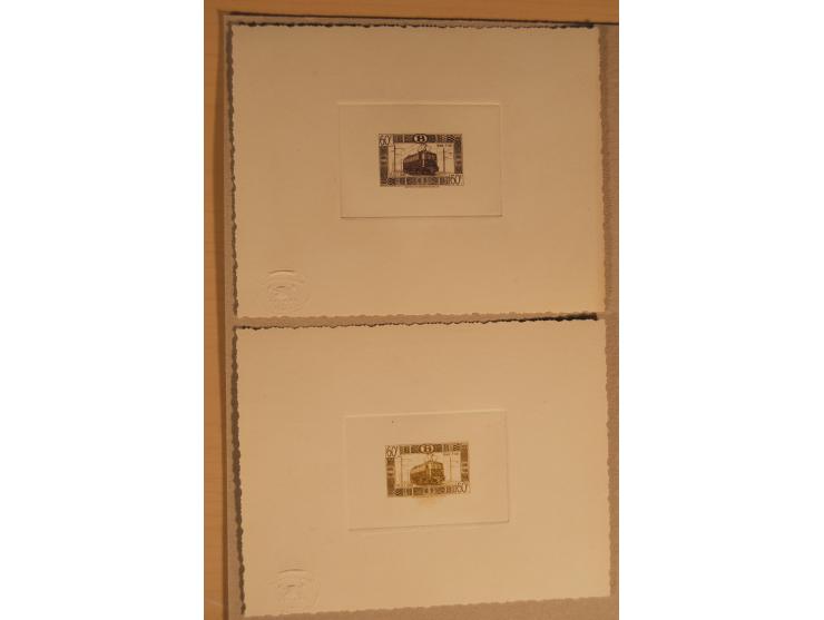 1932/50, Belgien und Gebiete, 84 Probedrucke im Blockformat, meist auf Kartonpapier mit Büttenrand, dabei Eisenbahn