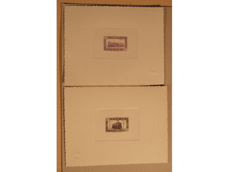 1932/50, Belgien und Gebiete, 84 Probedrucke im Blockformat, meist auf Kartonpapier mit Büttenrand, dabei Eisenbahn