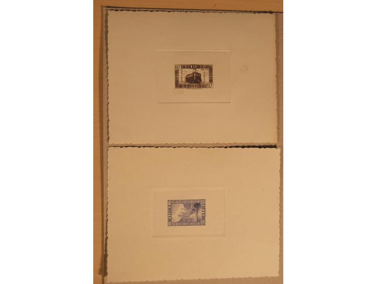 1932/50, Belgien und Gebiete, 84 Probedrucke im Blockformat, meist auf Kartonpapier mit Büttenrand, dabei Eisenbahn