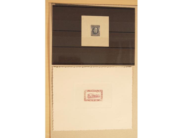 1932/50, Belgien und Gebiete, 84 Probedrucke im Blockformat, meist auf Kartonpapier mit Büttenrand, dabei Eisenbahn