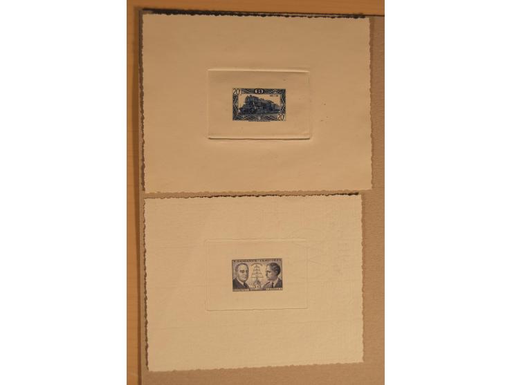 1932/50, Belgien und Gebiete, 84 Probedrucke im Blockformat, meist auf Kartonpapier mit Büttenrand, dabei Eisenbahn