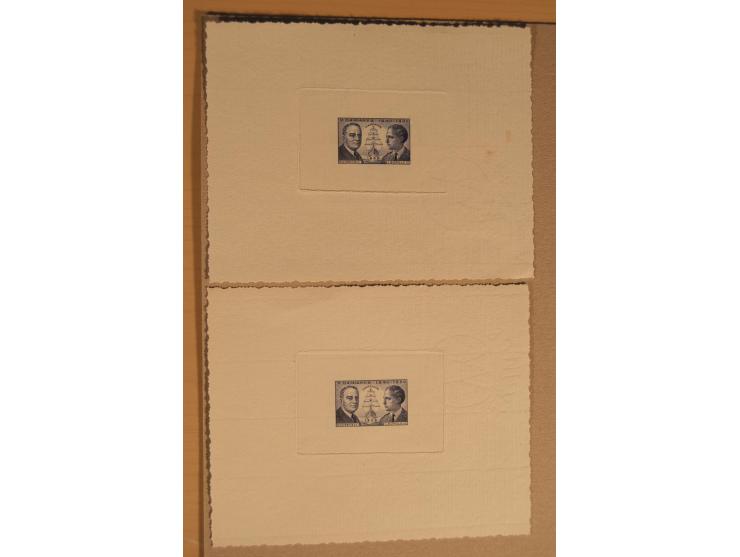 1932/50, Belgien und Gebiete, 84 Probedrucke im Blockformat, meist auf Kartonpapier mit Büttenrand, dabei Eisenbahn