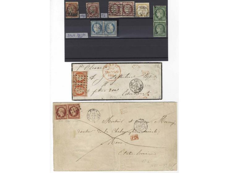 1849/70, Mi.-Nr. 2 im senkrechten Paar, 5a im Paar auf Brief, 6 (vermillon terne, Attest Brun), 7b im Paar, 17a, 2 Werte auf 
