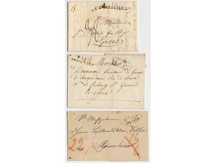 1786/1858 (ca.), interessante Partie von 16 markenlosen Briefen, dabei Militärbrief, Tax- und Grenzübergangsstempel, 3 Briefe