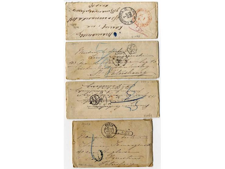 1860/69, 9 unfrankierte Briefe (mit Inhalt) nach St. Petersburg mit Taxvermerken und Stempeln