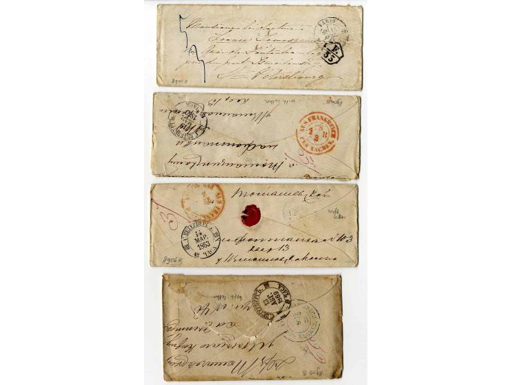 1860/69, 9 unfrankierte Briefe (mit Inhalt) nach St. Petersburg mit Taxvermerken und Stempeln