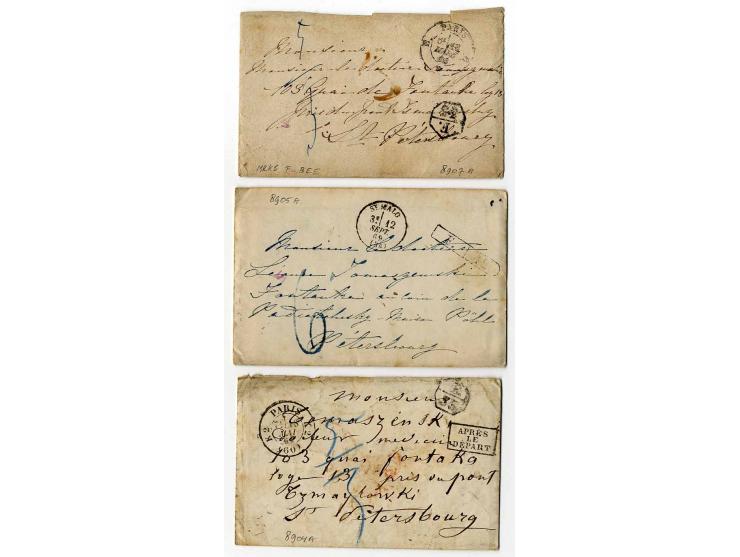 1860/69, 9 unfrankierte Briefe (mit Inhalt) nach St. Petersburg mit Taxvermerken und Stempeln