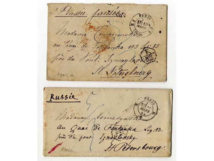 1860/69, 9 unfrankierte Briefe (mit Inhalt) nach St. Petersburg mit Taxvermerken und Stempeln