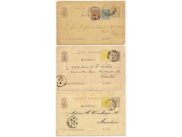 1875/86, 3 Ganzsachen 5 C. mit Zusatzfrankatur (Mi.-Nr. 29, 30, 37, 39) nach Deutschland, kleine Beanstandungen