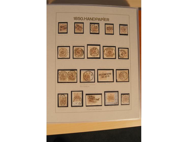 1850/90, umfangreiche Sammlung der 1. Ausgabe mit vielen Farben, Typen, interessanten Stempeln (u.a. rote Entwertung auf Mi.-